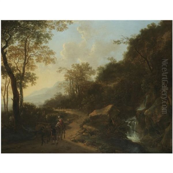 A Mountainous Italianate Landscape With Travellers Passing A Stream Oil Painting by Jan Both