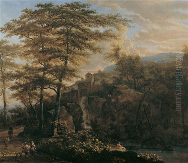 Bewaldete Gebirgslandschaft Mit Einem Wasserfall Und Wanderern Oil Painting by Jan Both