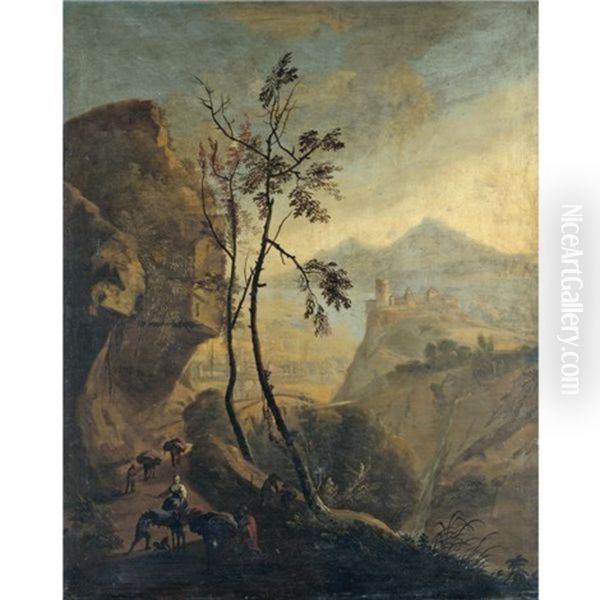 A Southern Landscape With Travellers And Their Donkeys In The Foreground Oil Painting by Jan Both