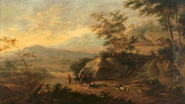 An Extensive Italianate Landscape With Travelers On A Path And A Waterfall In The Foreground Oil Painting by Jan Both