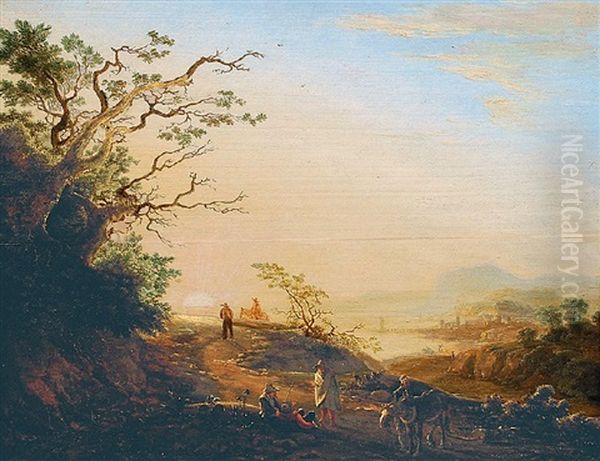 Hugelige Landschaft Mit Rastenden Hirten Vor Abendsonne Oil Painting by Jan Both
