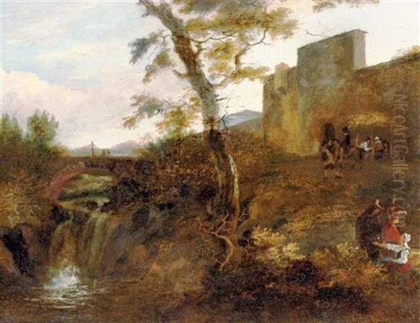 A Mountainous Italianate Landscape With Figures Conversing Outside A Walled Town, A Waterfall And Bridge Beyond Oil Painting by Jan Both