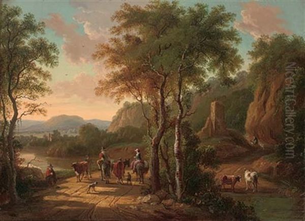 A Mountainous Landscape With Travellers On A Track By A River Oil Painting by Jan Both