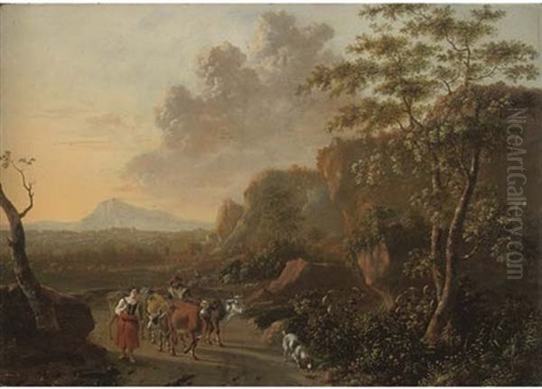 An Italianate Mountainous Landscape With Herdsmen On A Path Oil Painting by Jan Both