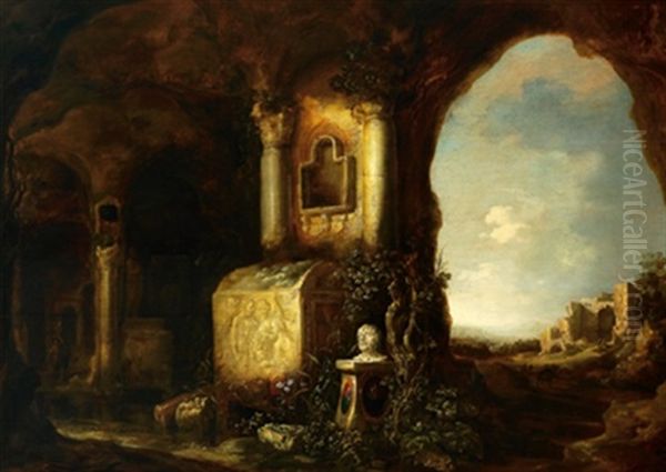 Eine Felsgrotte Mit Einem Antiken Sarkophag Und Einem Sockel Mit Der Buste Des Seneca, Rechts Blick In Eine Sudliche Landschaft Mit Ruinen Oil Painting by Jan Both