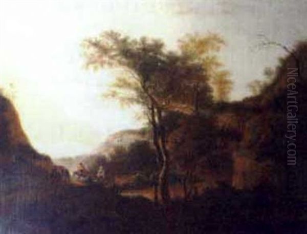 A Panoramic Landscape With Figures Oil Painting by Jan Both