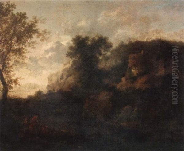 Ein Baumbestandenes Tal, An Dessen Rechter Seite Sich Steile Felsen Aufturmen Oil Painting by Jan Both