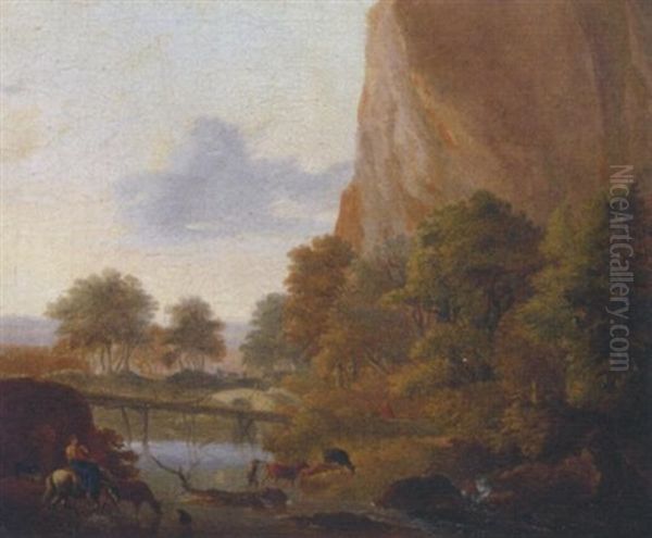 An Italianate Landscape With Muleteers Fording A River, A Sportsman In The Distance Oil Painting by Jan Both
