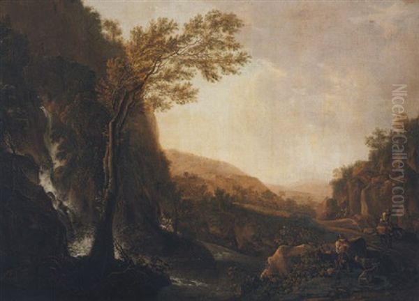 An Italianate Landscape With Travellers On A Road Beside A Waterfall At Dusk Oil Painting by Jan Both