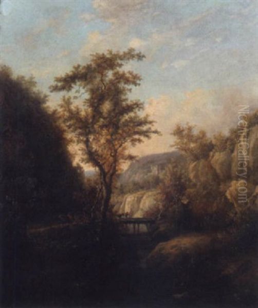 A Wooded Landscape With Travellers On A Track And Crossing A Bridge Oil Painting by Jan Both