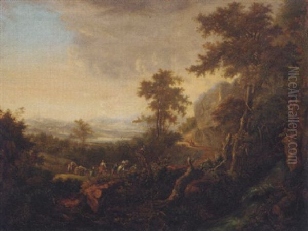 An Extensive River Landscape With Travellers On A Hillside Path Oil Painting by Jan Both