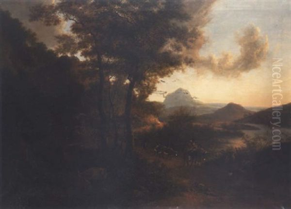 An Extensive Italianate Wooded Landscape With Travellers And Their Livestock On A Path, Mountains Beyond Oil Painting by Jan Both