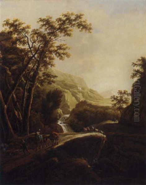An Italianate Wooded Landscape With Travellers On A Path Oil Painting by Jan Both