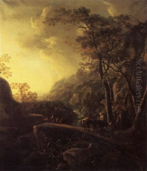 An Italianate Wooded Landscape With Muleteers On A Path By A Waterfall Oil Painting by Jan Both