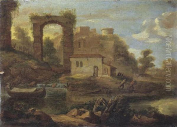 Paesaggio Fluviale Con Caseggiati, Rovine E Barcaioli Presso La Riva Oil Painting by Jan Both