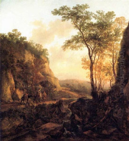 A Mountainous Wooded Landscape With Travellers On A Path Near A Waterfall Oil Painting by Jan Both