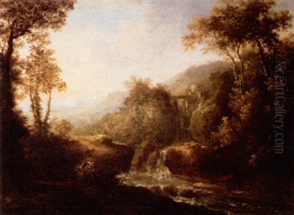 A Wooded River Landscape With A Town On A Cliff By A Waterfall Oil Painting by Jan Both