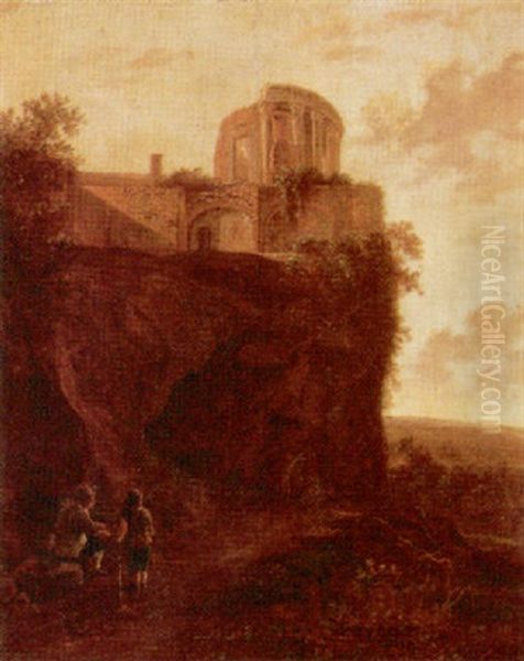 Landscape With Travellers Resting On A Path Beneath The Temple Of Sybils, Tivoli Oil Painting by Jan Both