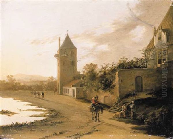 An Italianate Landscape With Travellers On A Path Before The Plompetoren, Utrecht Oil Painting by Jan Both