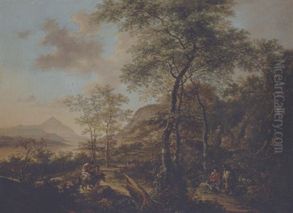 An Italianate Evening Landscape With A Muleteer And Goatherds On Wooded Path, A River And Mountains Beyond Oil Painting by Jan Both