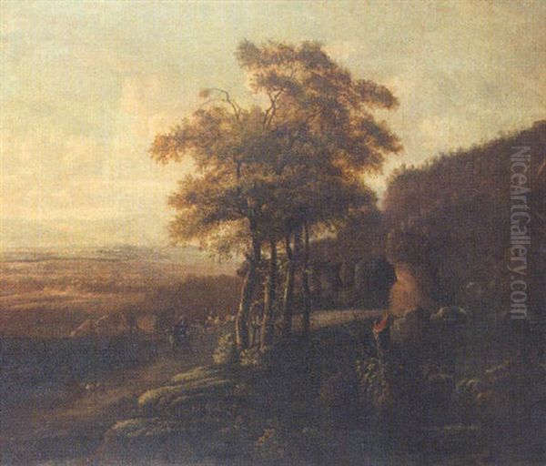 Elegant Figures On Horseback, Riding Through A Rocky Wooded Landscape, A Valley Beyond Oil Painting by Jan Both