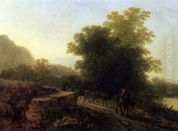 Bewaldete, Gebirgige, Sudliche Fluslandschaft Im Abendlicht Mit Heimkehrender Herde Oil Painting by Jan Both