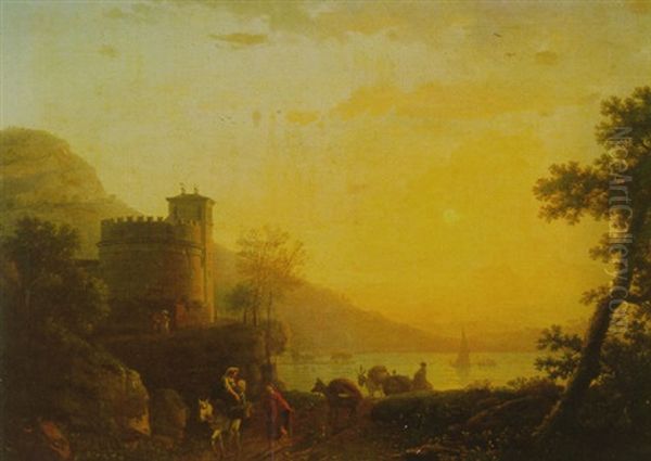 Travelers In A Coastal Landscape At Sunset Oil Painting by Jan Both