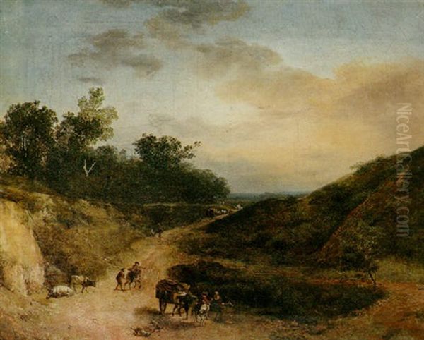 An Extensive Landscape With Travellers On A Path And A Horsedrawn Carriage With Mounted Figures In The Foreground Oil Painting by Jan Both