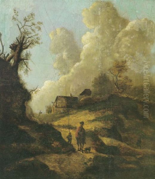 A Country Scene With A Traveller On Horseback And A Boy And Dog On A Path Oil Painting by Jan Both