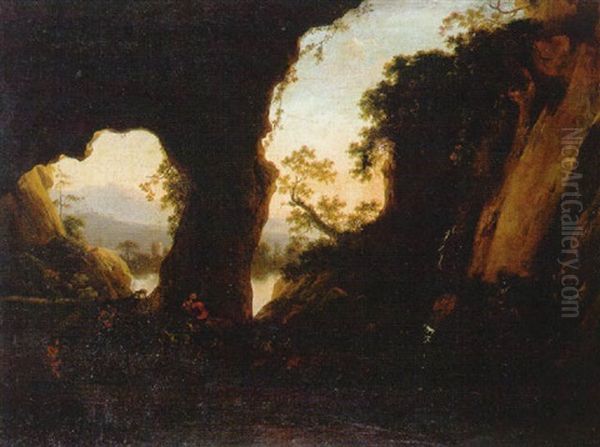 Paisaje Italiano Rocoso Con Viajantes, Un Pastor Y Un Sendero, Una Cascada Al Fondo Oil Painting by Jan Both