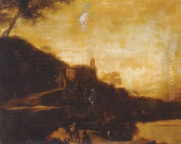 Paisaje Boscoso Italiano Con Un Pastor, Ganado Y Ovejas Con Otros Campesinos En Un Sendero Oil Painting by Jan Both