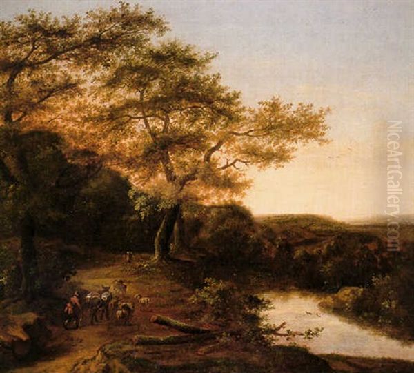 A Wooded Landscape With A Herdsman By A River Oil Painting by Jan Both