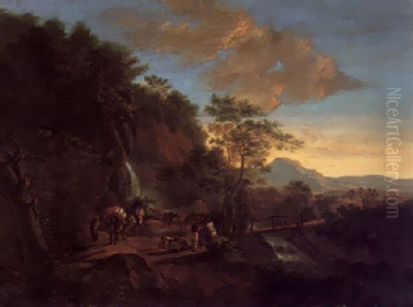 A Mountainous Landscape With Travellers On A Path Oil Painting by Jan Both