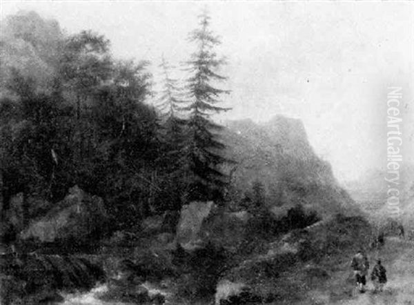 A Rocky River Landscape With Figures On A Path Oil Painting by Jan Both