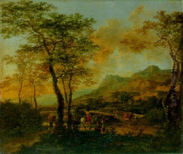Italianate Landscape With A Traveller And Drovers On A Road, Farmhouse And Village Beyond Oil Painting by Jan Both