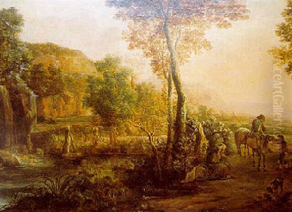 Paysage Au Soleil Couchant, Traverse Par Une Riviere, Avec Les Villageois Oil Painting by Jan Both