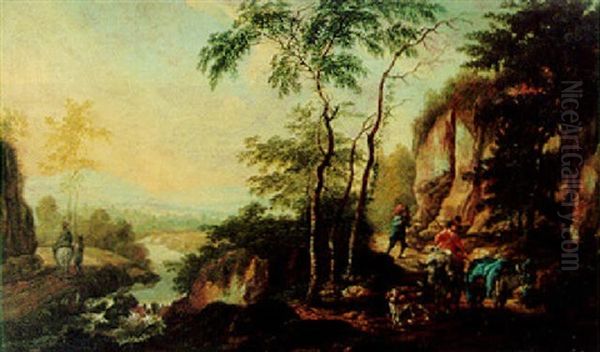 Italienskt Bergslandskap Med Resande Sallskap Oil Painting by Jan Both