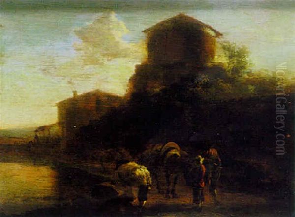 Landscape With Travellers Resting Beside A Pond, A House Beyond Oil Painting by Jan Both