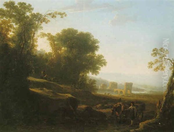 Travellers In A Woody Landscape With Ruins And A River In The Distance Oil Painting by Jan Both