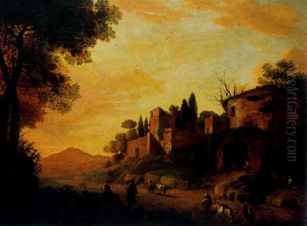 Abendliche Landschaft Mit Architektur Und Figurenstaffage Oil Painting by Jan Both
