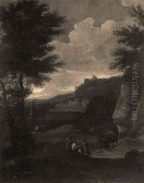A Capriccio Landscape With Travellers In Foreground And Ruins Beyond Oil Painting by Jan Both