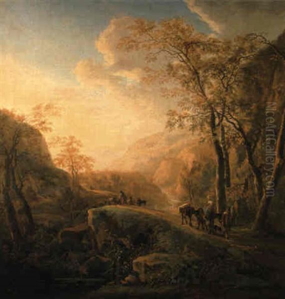 An Italianate Landscape With Muleteers On A Path By A Waterfall Oil Painting by Jan Both