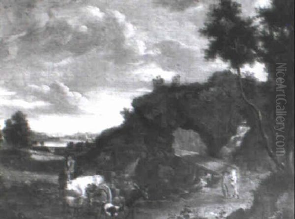 A Traveller With Cattle And Goats On A Track With Figures Before A Waterfall Oil Painting by Jan Both