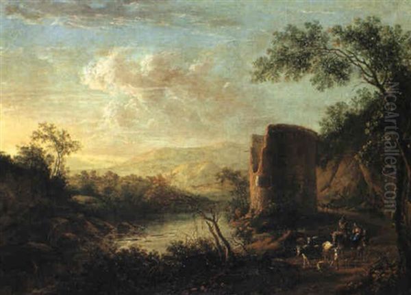 Paesaggio Fluviale Con Rudere, Figure A Cavallo E Armento Oil Painting by Jan Both