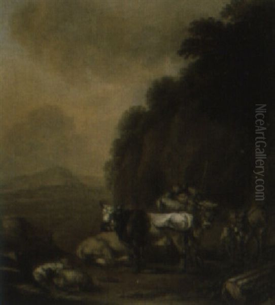 Italianate Landscape With Drover Resting By Flock Oil Painting by Jan Both