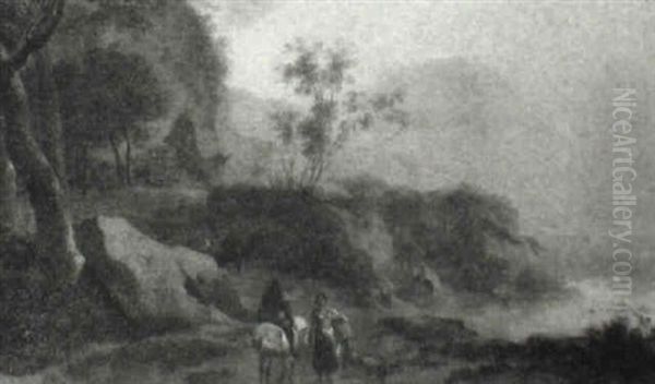 Rocky Landscape With Figures Conversing On Path Before Lake Oil Painting by Jan Both