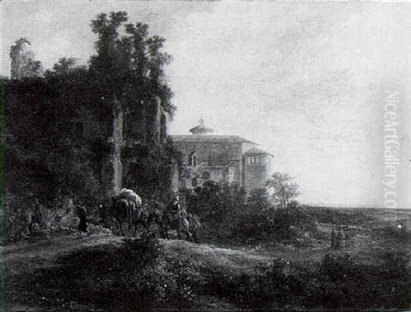 Travellers On A Path In An Italianate Landscape With        Classical Ruins Oil Painting by Jan Both