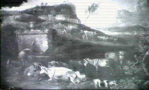 An Italianate Landscape With A Drover At A Fountain With    Cattle, Sheep And A Goat Oil Painting by Jan Both