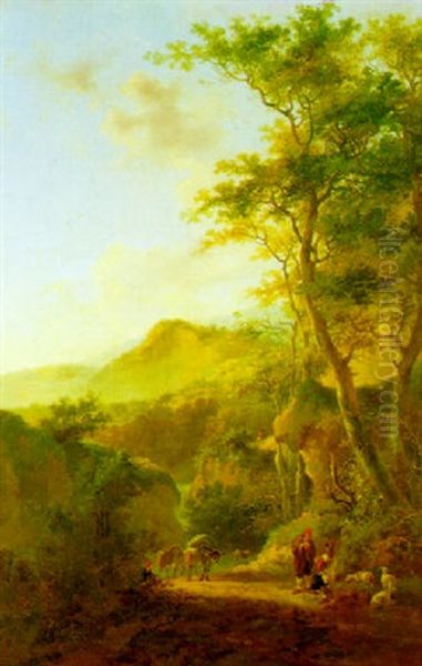 A Rocky Wooded Landscape With A Muleteer                    And A Shepherd On A Mountain Track Oil Painting by Jan Both