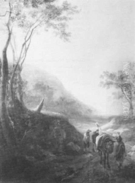 A Rocky Wooded Landscape With                               Peasants And A Donkey On A Track Oil Painting by Jan Both